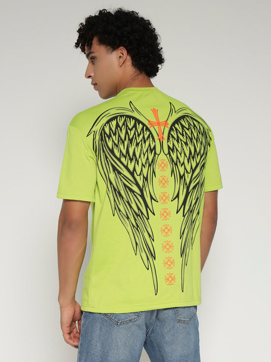 Neon Green Oversized Graphic T-Shirt with Angel Wing Back Print – Sober Saint