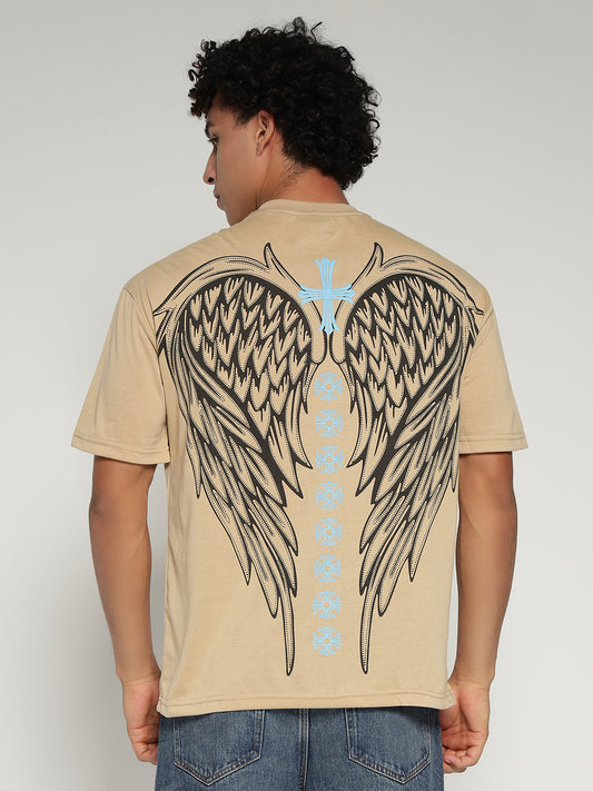 BEIGE Oversized Graphic T-Shirt with Angel Wing Back Print – Sober Saint