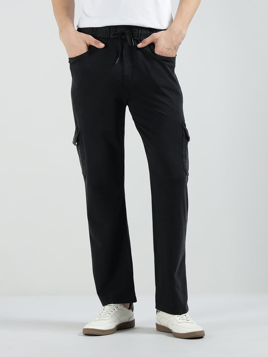 Men’s Cotton Acid Wash Straight Fit Cargo Joggers – BLACK