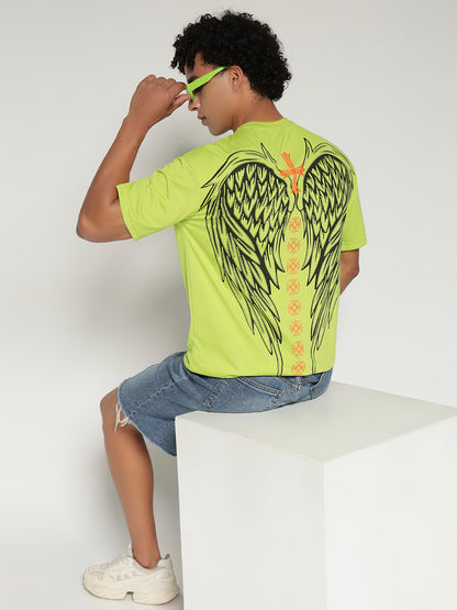 Neon Green Oversized Graphic T-Shirt with Angel Wing Back Print – Sober Saint