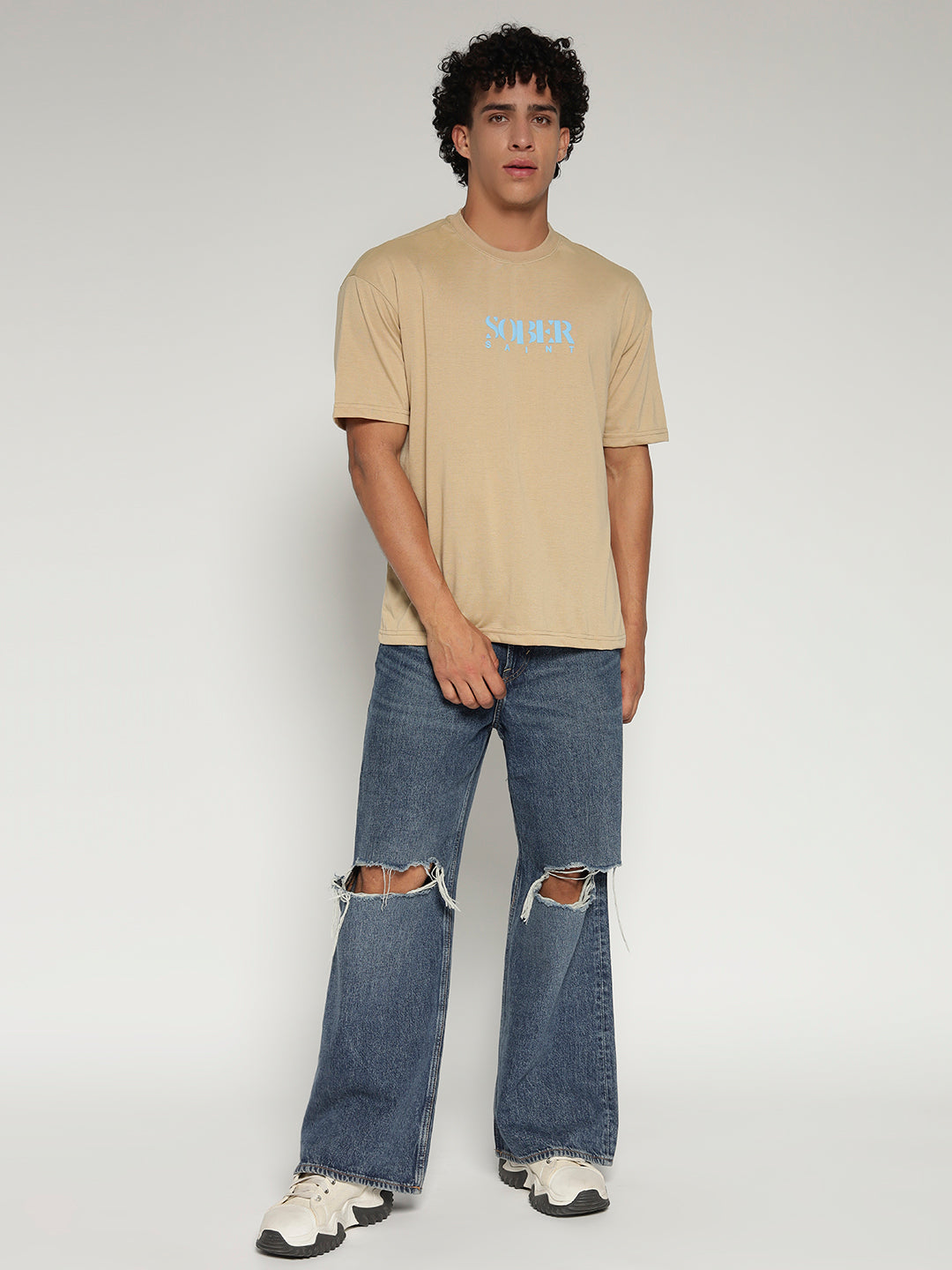 BEIGE Oversized Graphic T-Shirt with Angel Wing Back Print – Sober Saint