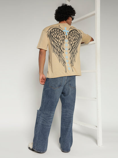 BEIGE Oversized Graphic T-Shirt with Angel Wing Back Print – Sober Saint