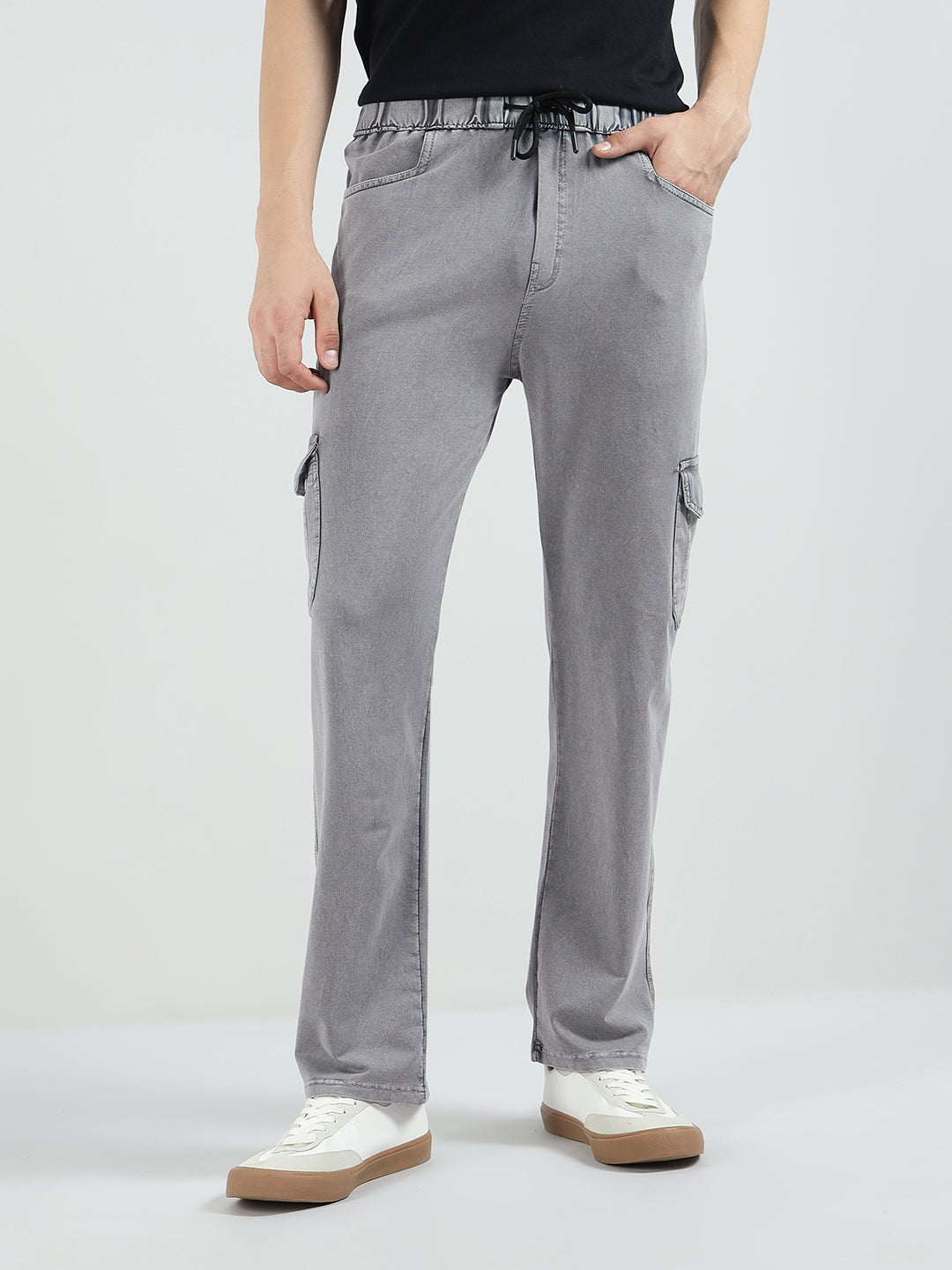 Men’s Cotton Acid Wash Straight Fit Cargo Joggers – GREY