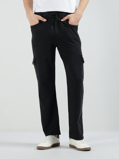 Men’s Cotton Acid Wash Straight Fit Cargo Joggers – BLACK