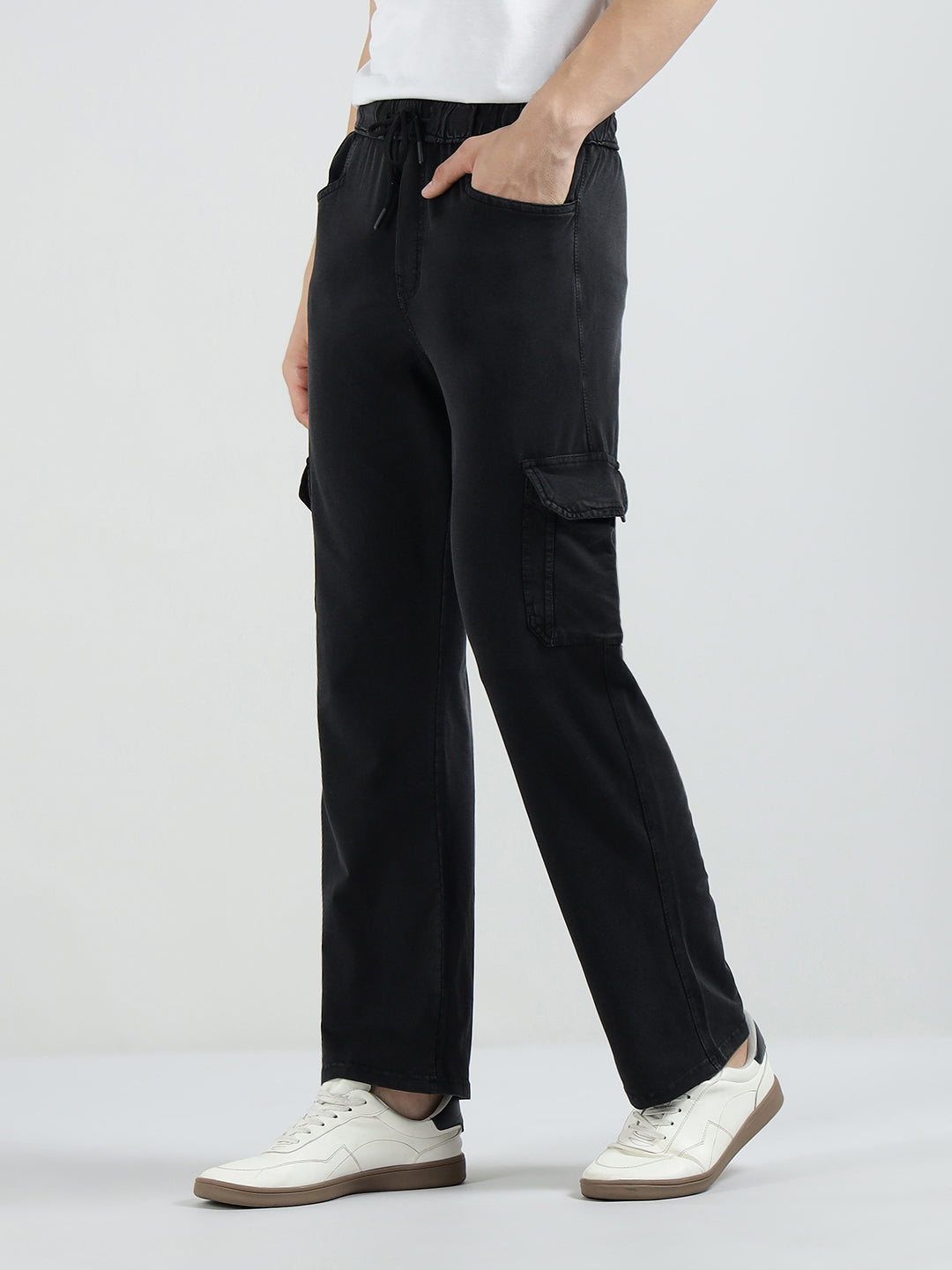 Men’s Cotton Acid Wash Straight Fit Cargo Joggers – BLACK