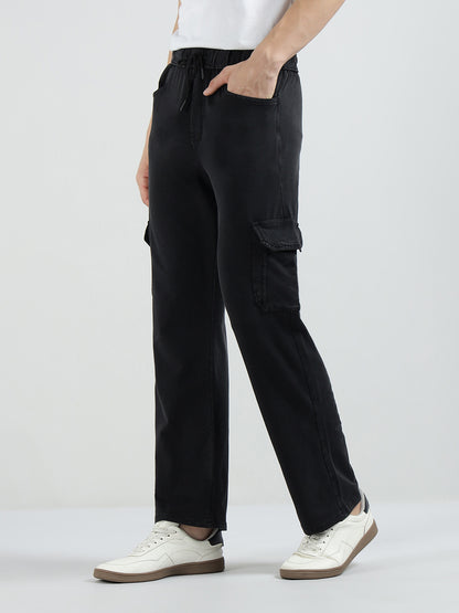 Men’s Cotton Acid Wash Straight Fit Cargo Joggers – BLACK