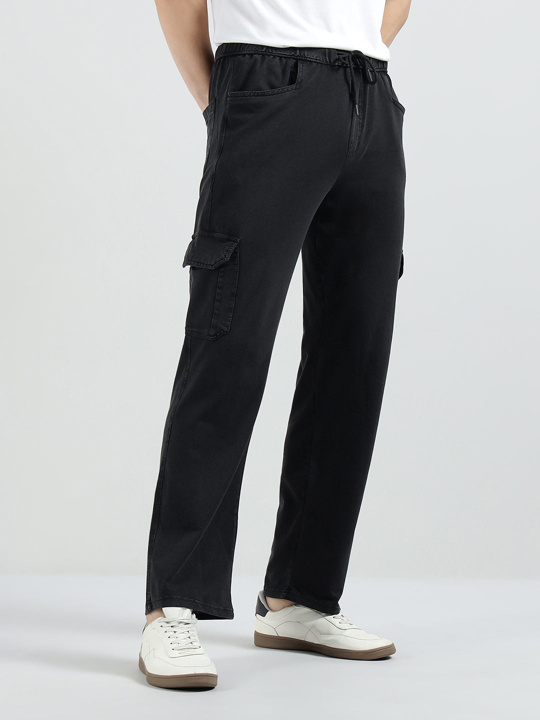 Men’s Cotton Acid Wash Straight Fit Cargo Joggers – BLACK