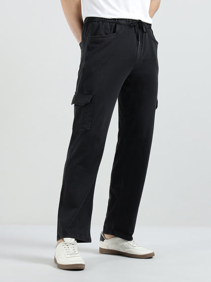 Men’s Cotton Acid Wash Straight Fit Cargo Joggers – BLACK
