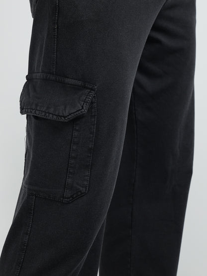 Men’s Cotton Acid Wash Straight Fit Cargo Joggers – BLACK