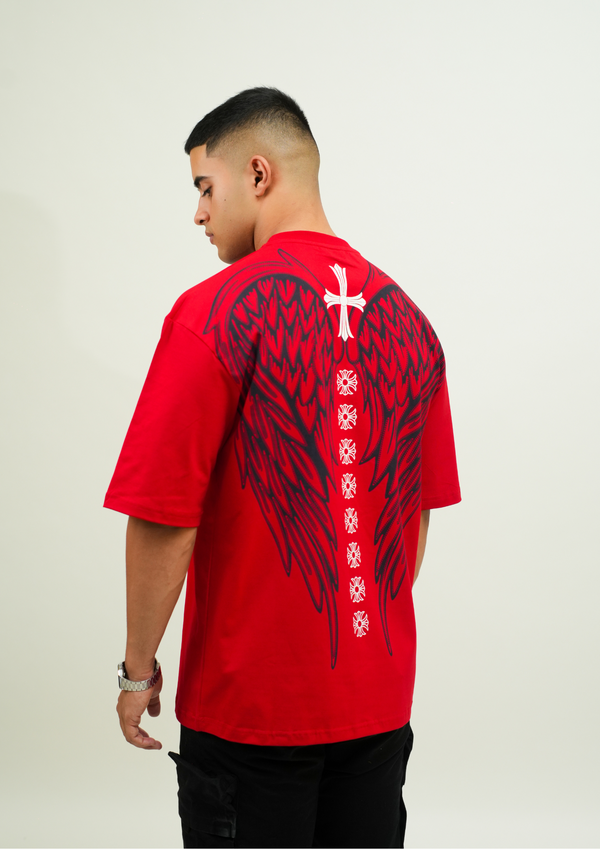 God Wings Red Print Oversize T-Shirt