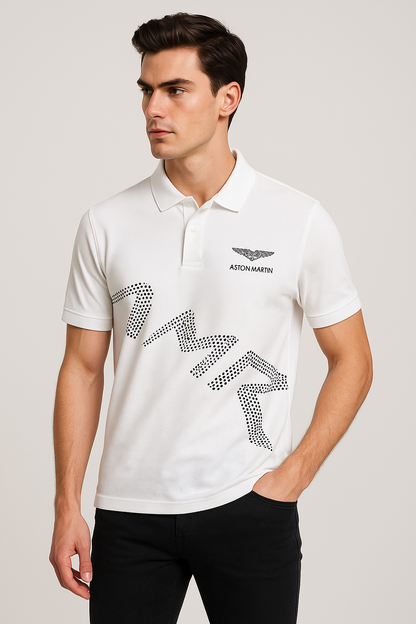Aston Martin White Polo T-Shirt with AMR Graphic – Premium Cotton