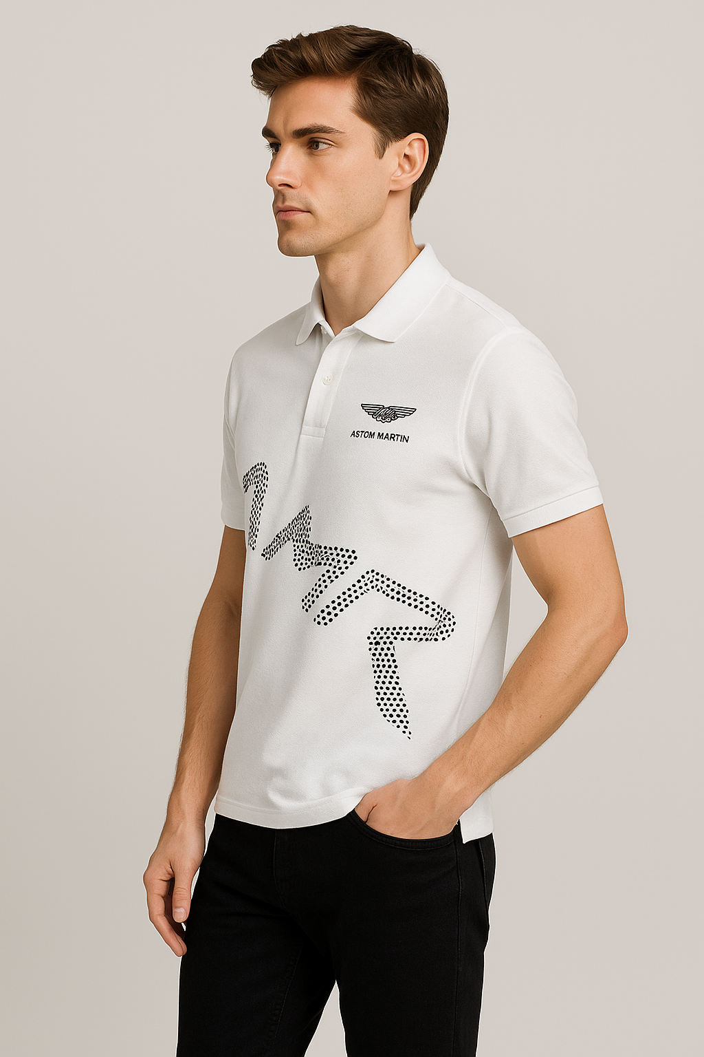 Aston Martin White Polo T-Shirt with AMR Graphic – Premium Cotton