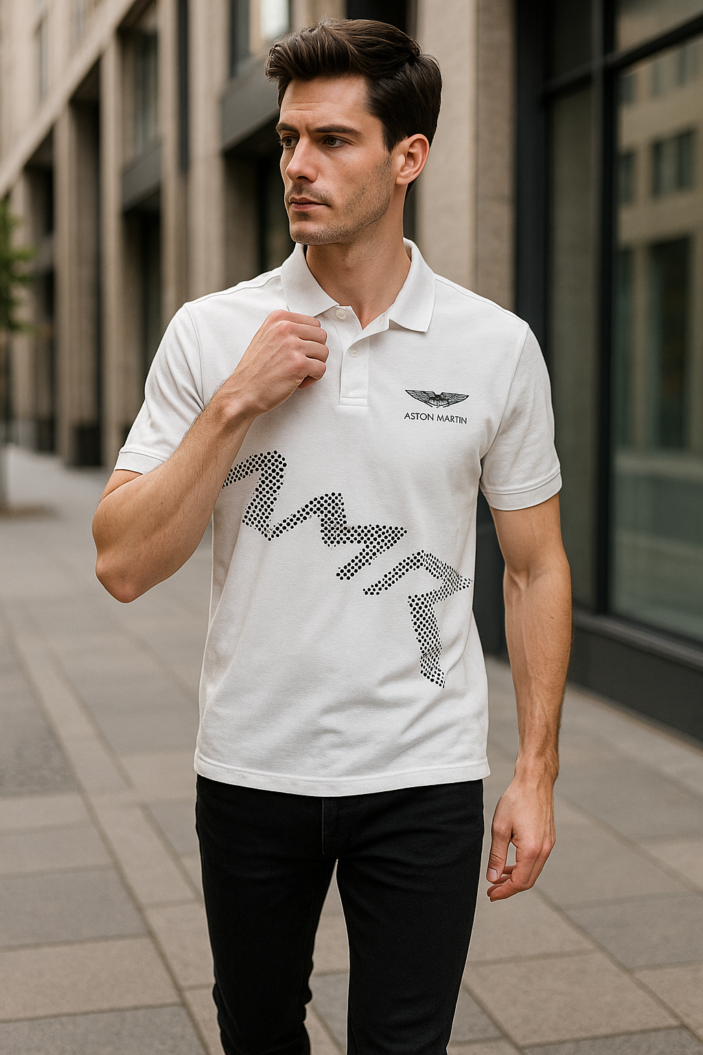 Aston Martin White Polo T-Shirt with AMR Graphic – Premium Cotton